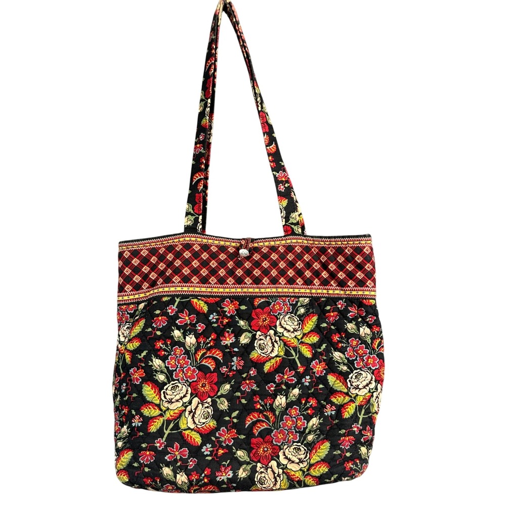 Vera Bradley Quilted Cotton Floral Plaid Tote Bag Black Red Yellow Shoulder Bag
